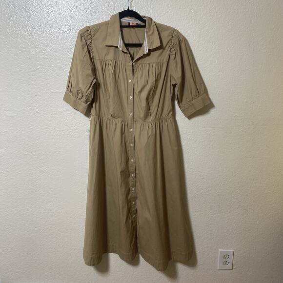 Vineyard Vines Tan‎ Poplin Cotton Button Midi Shirt Dress Size M Peasant Cottage - Picture 2 of 11